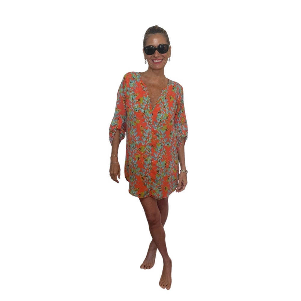 19 Cooper above the knee rayon orange and turquoise dress
